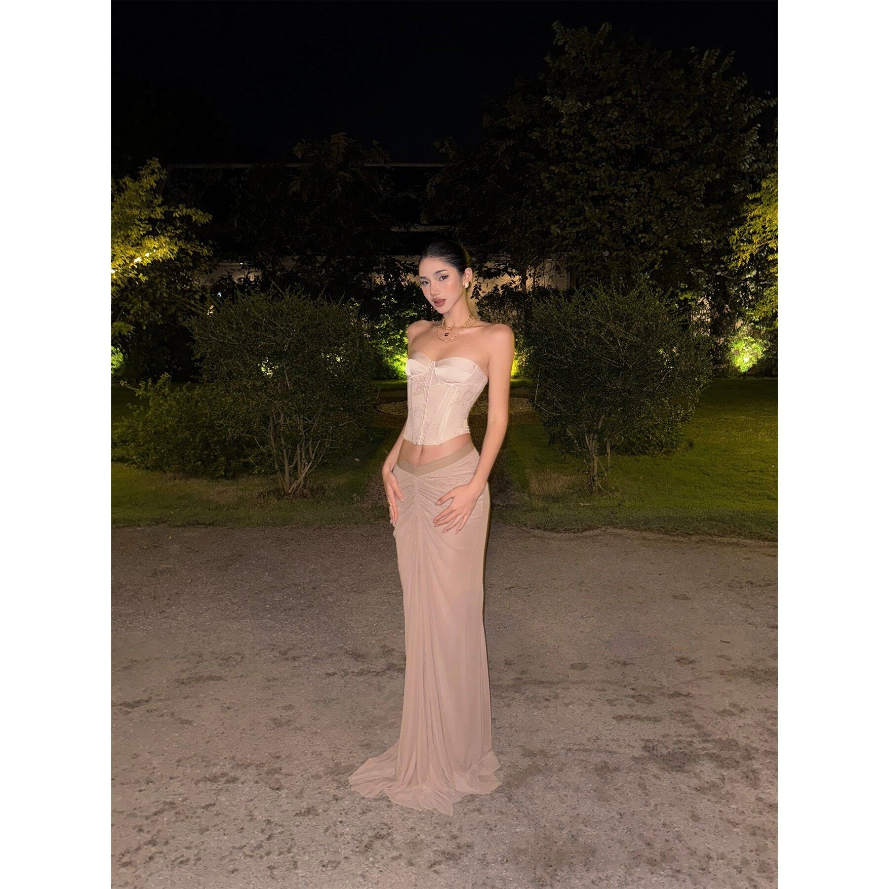 rovente_Sexy_Slim_Straight_Pleated_Mid_Rise_Brown_Polyester_Stretch_Maxi_Skits_MISSTT