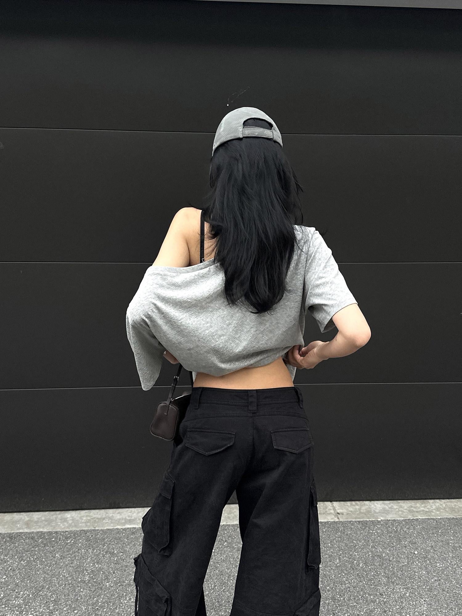 rovente Cotton Blend Loose One Shoulder Slanted Neck For Women Gray Shot Sleeve T-Shits