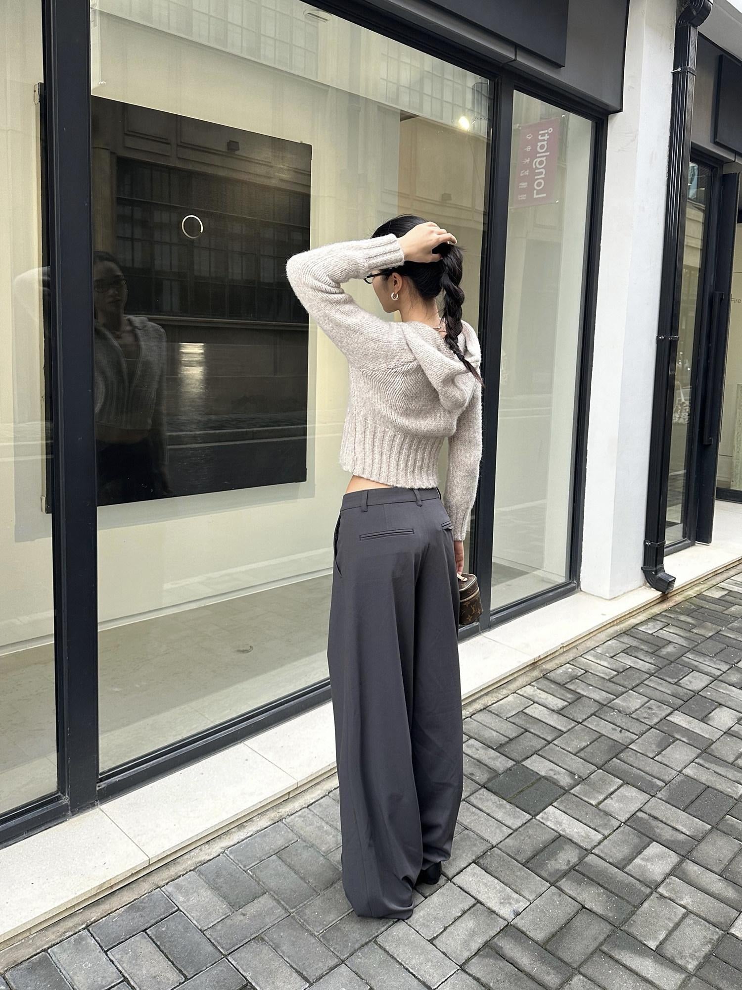 rovente Minimal Casual Natural Waist Zipper Straight Women Solid Grey Wide Leg Pants
