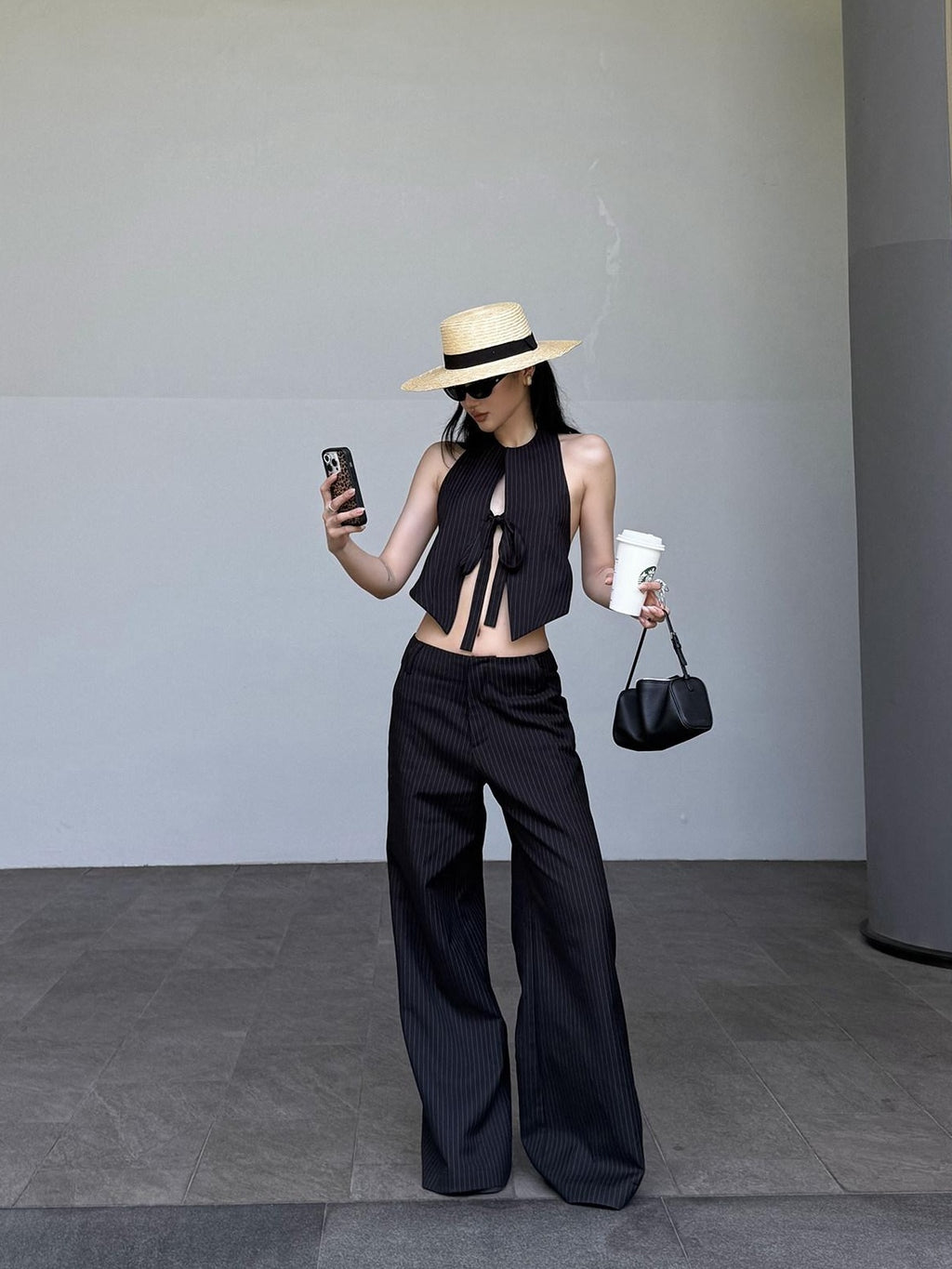 rovente Professional Office Natural Waist Black Pinstripe Polyester Long Wide Leg Pants