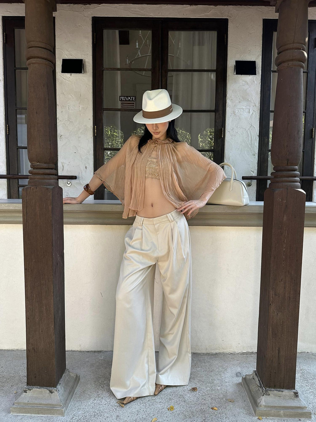 rovente Soft Stretch Beige Casual Simple Pockets Low Waist Woven Women Wide Leg Pants
