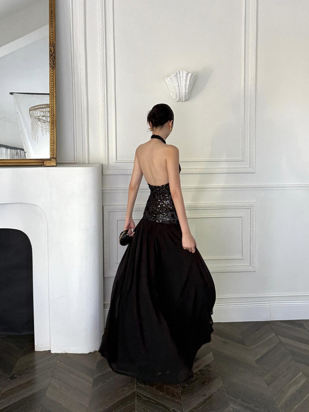 rovente Elegant Sequin Halter Natural Waist Party Black Stretch Maxi Desses