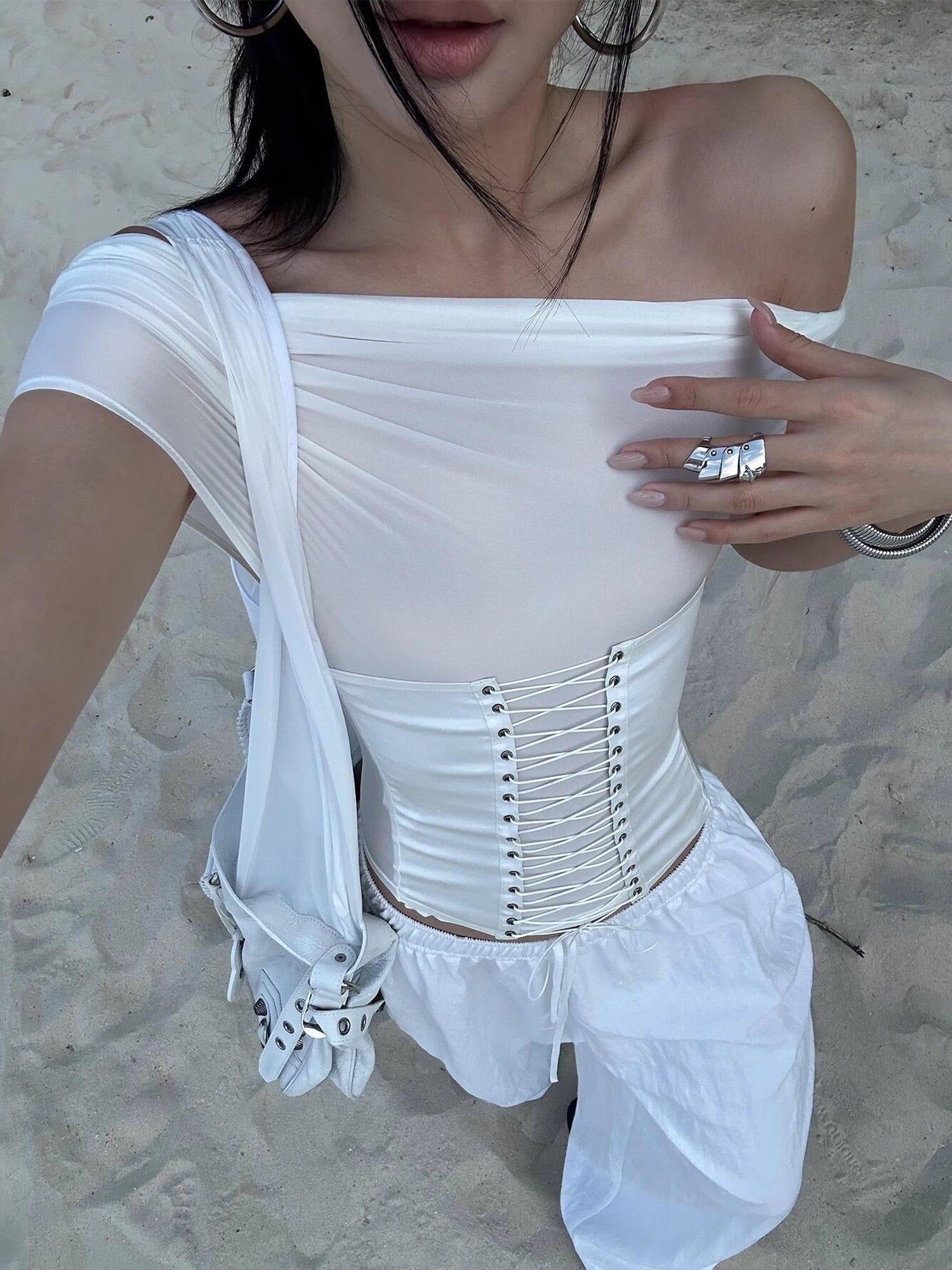 rovente Sexy Slim Tie Front Cropped White Bardot Top Women Travel Off Shoulde Cop Tops