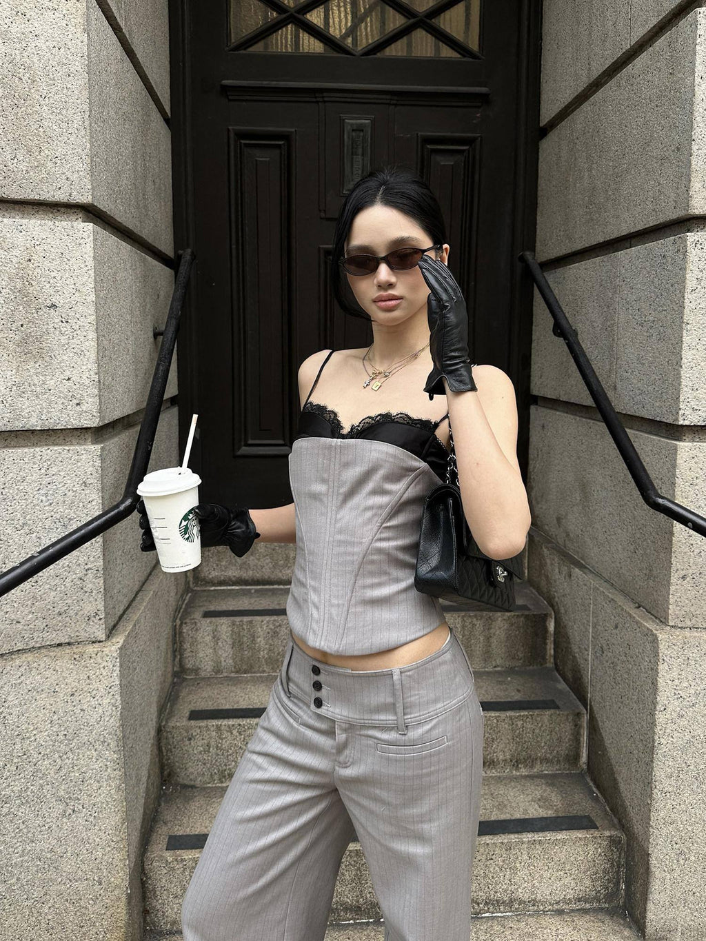 rovente Low Rise Pockets Minimalist Fine Stripes Casual Women Grey Wide Leg Pants