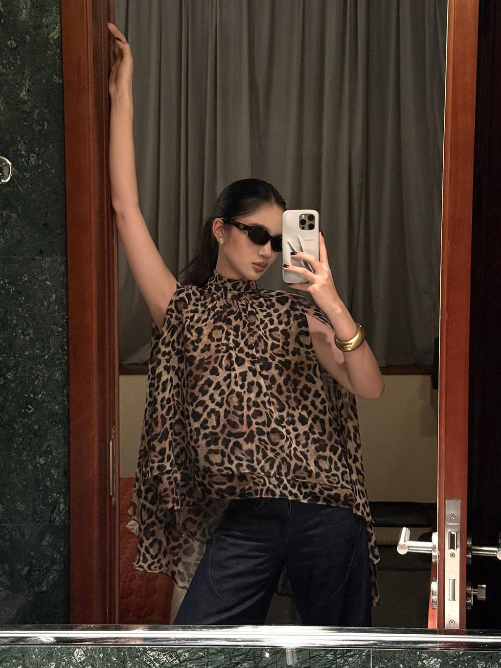 rovente 100 Percent Polyester Leopard High Neck Side Slit Button Shot Sleeve T-Shits