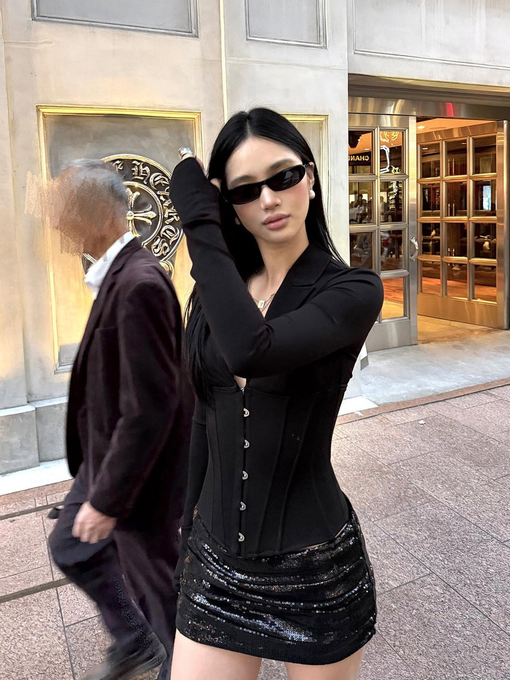 rovente Breathable Skinfriendly Elegant Slim V-neck Button Long Sleeve Women Black Shits