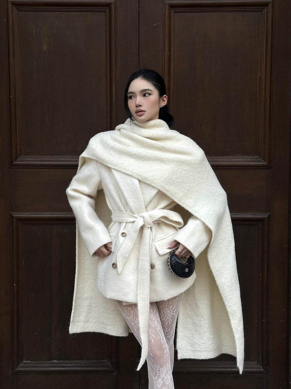 rovente Warm Wool Blend Double Breasted Oversized Commuter Women Ivory Shawl Wool Coats