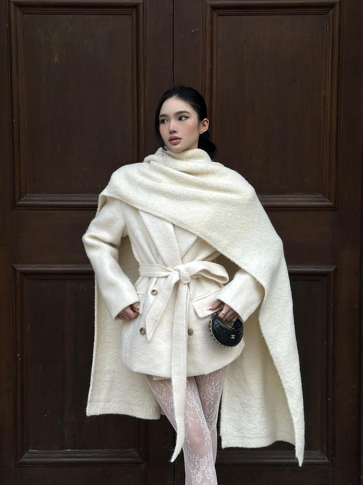 rovente Warm Wool Blend Double Breasted Oversized Commuter Women Ivory Shawl Wool Coats