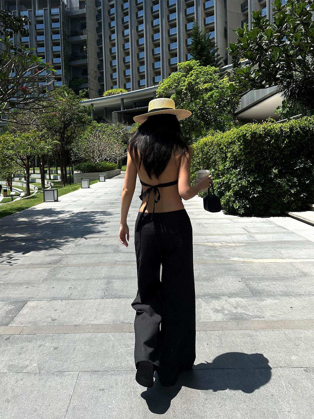 rovente Professional Office Natural Waist Black Pinstripe Polyester Long Wide Leg Pants
