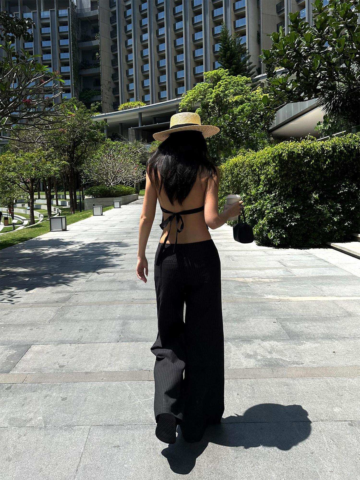 rovente Professional Office Natural Waist Black Pinstripe Polyester Long Wide Leg Pants