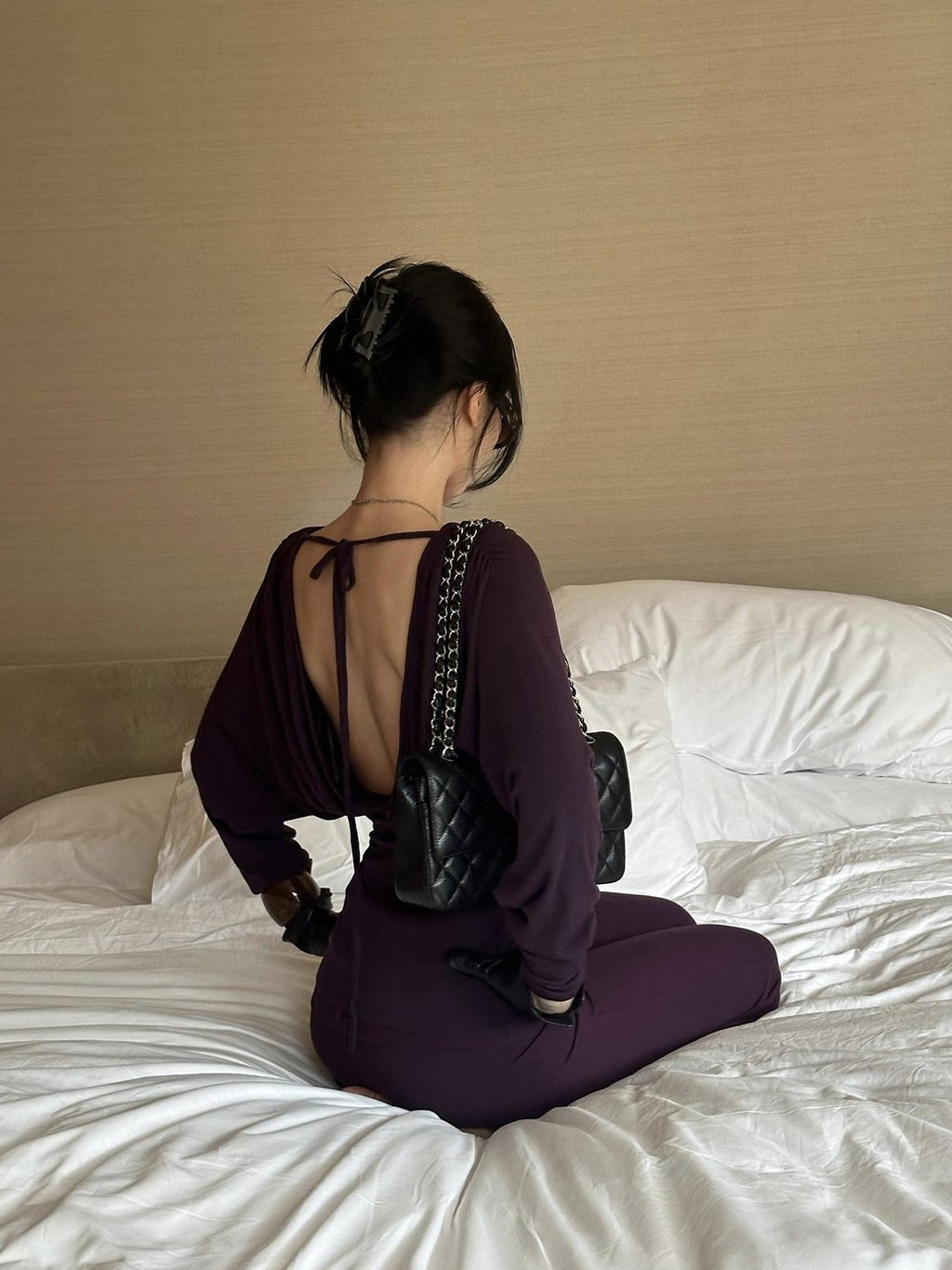 rovente Lyocell Wool Knit Slim V-neck Casual Women Purple Black Top & Pants Sets
