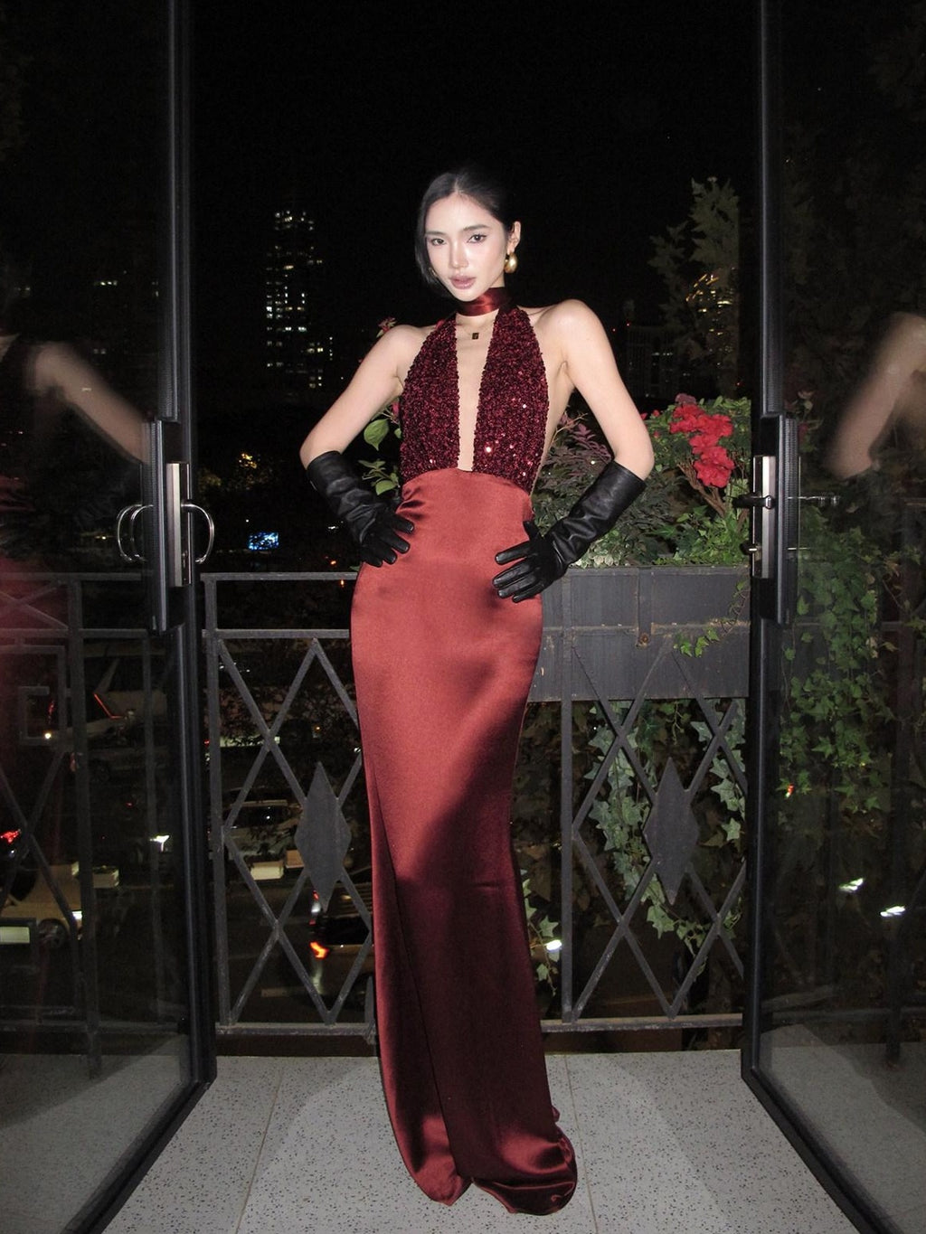 rovente Shimmer Sequin Halter Bodycon Sleeveless Women Evening Red Maxi Desses