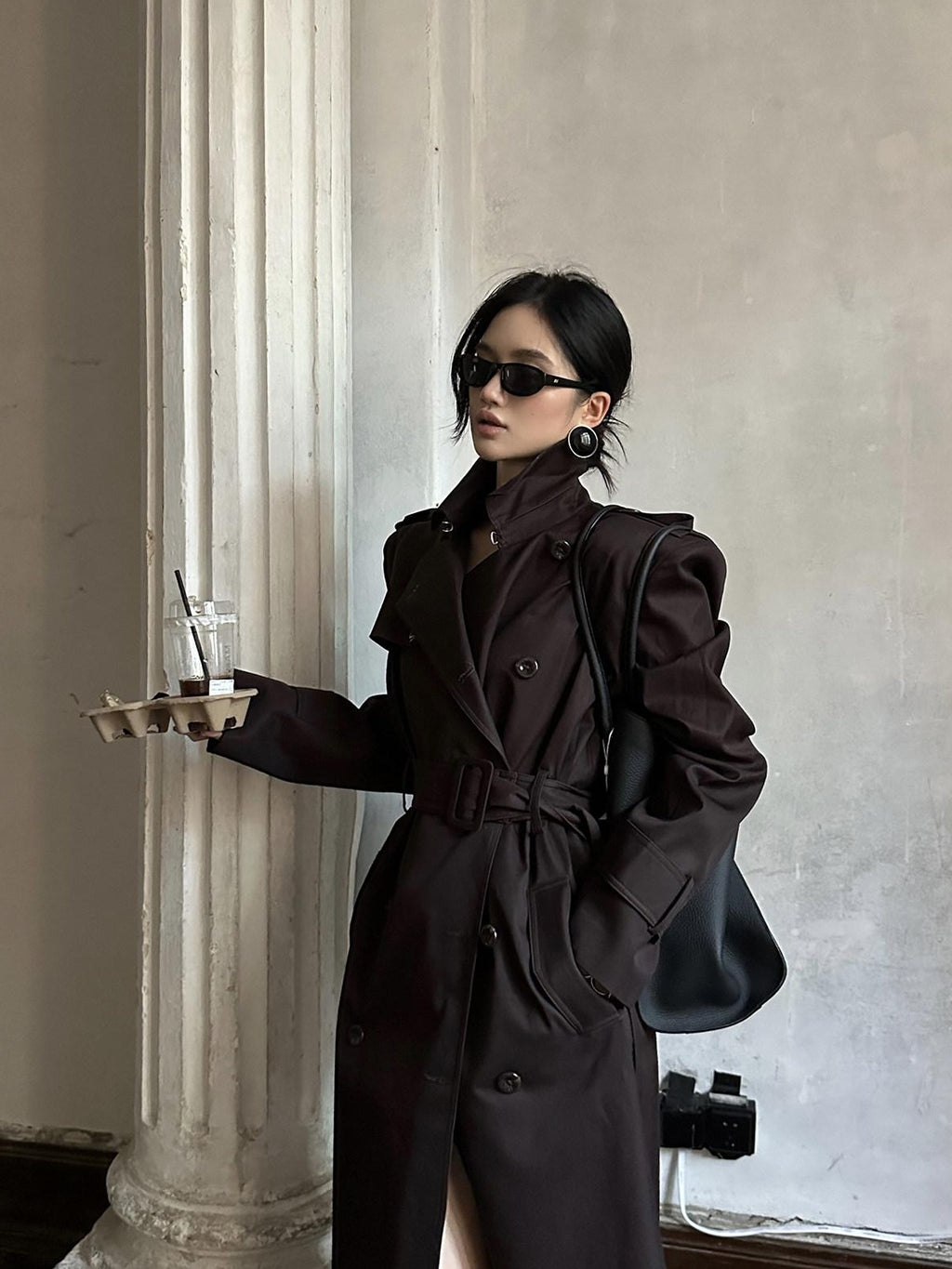 rovente Pure Cotton Longline Commuter Straight Cut Stand Collar Coffee Brown Tench Coats
