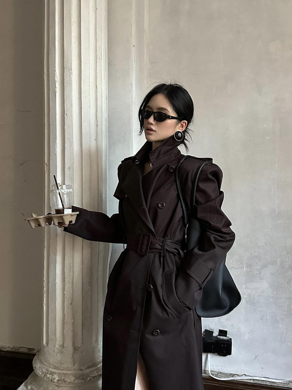 rovente Pure Cotton Longline Commuter Straight Cut Stand Collar Coffee Brown Tench Coats