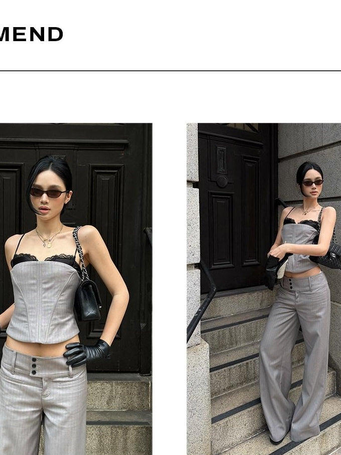 rovente Lace Trim Slim Fit Striped Zipper Women Travel Daily Polyester Camisoles