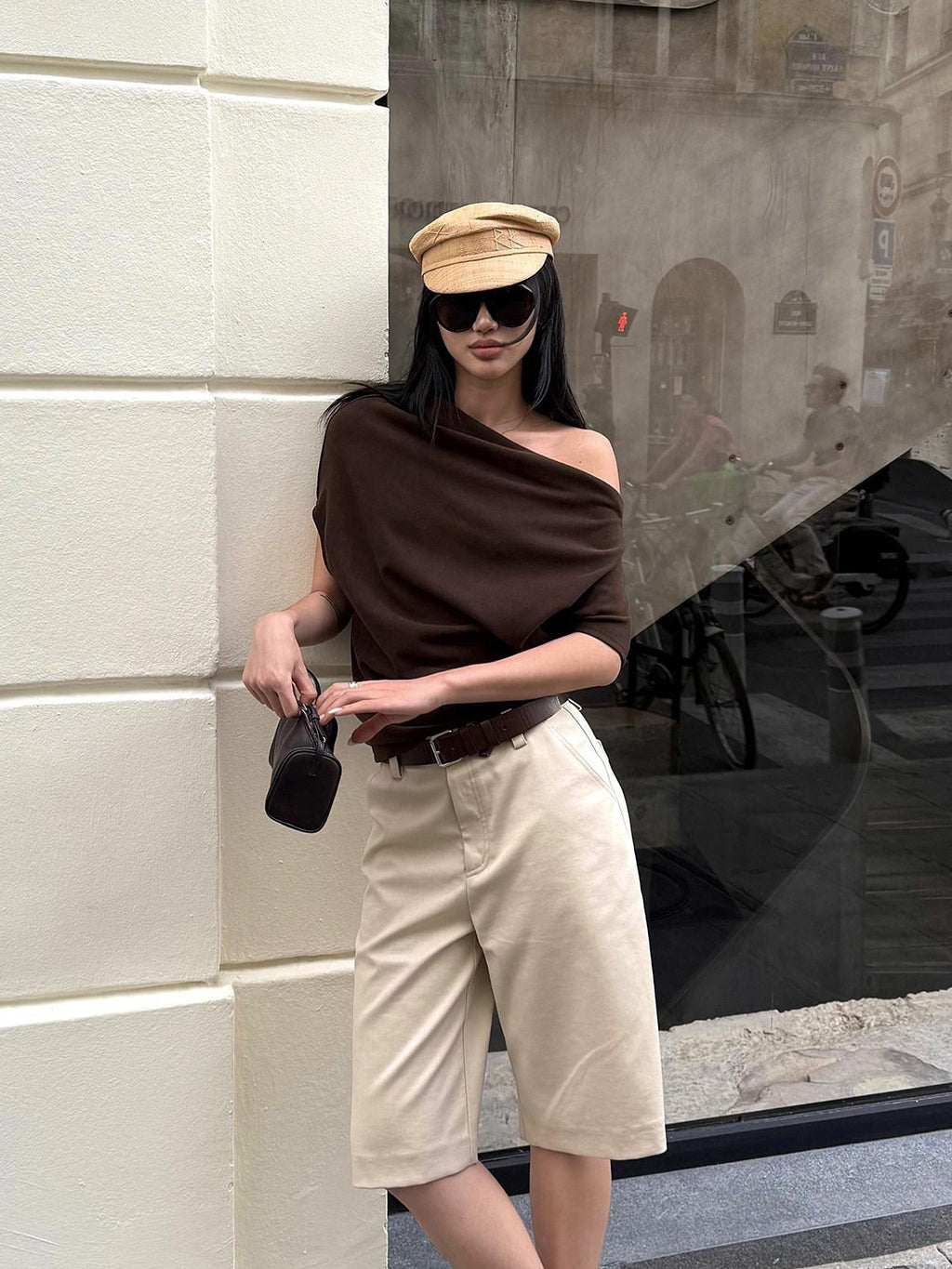 rovente Slim Knitted Asymmetric Collar Office Brown Viscose Shot Sleeve T-Shits