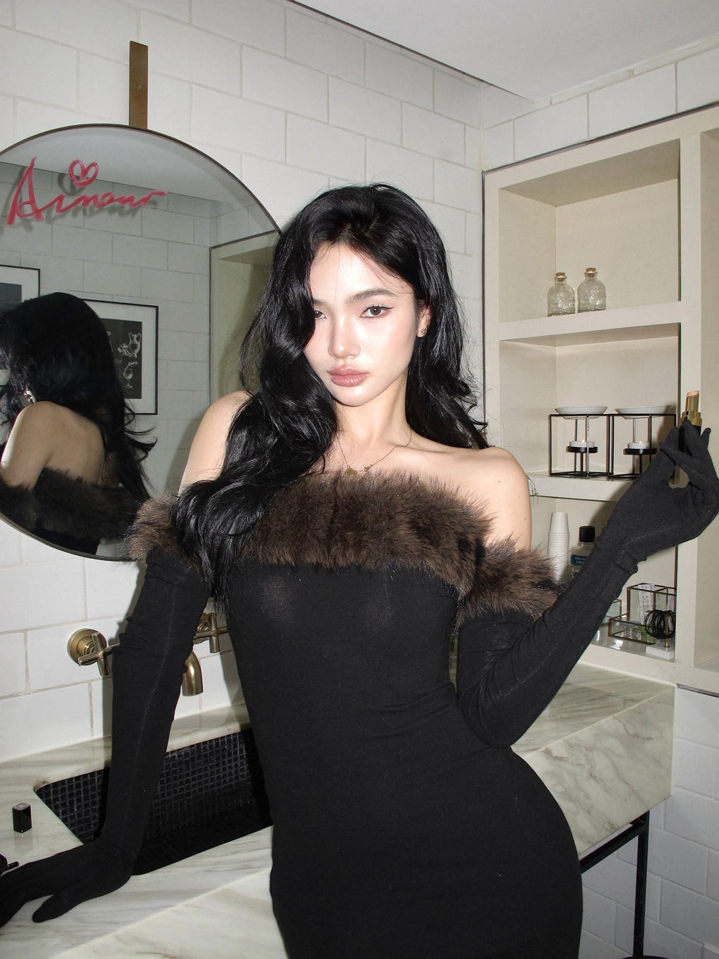rovente High Stretch Elegant Slim Fit Strapless Knit Black Gloves Included Maxi Desses