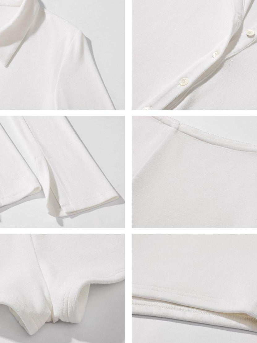 rovente Soft Knit V-neck Button Slim Casual Women White Long Sleeve Top & Shots Sets