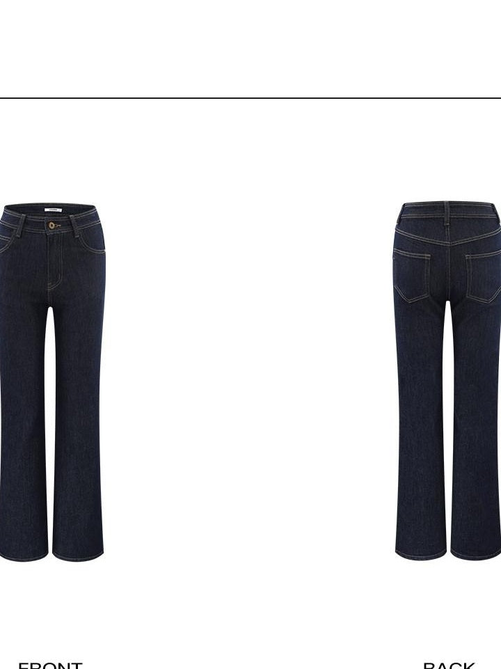 rovente Washed Micro Stretch Natural Waist Pockets Women Navy Staight Leg Jeans