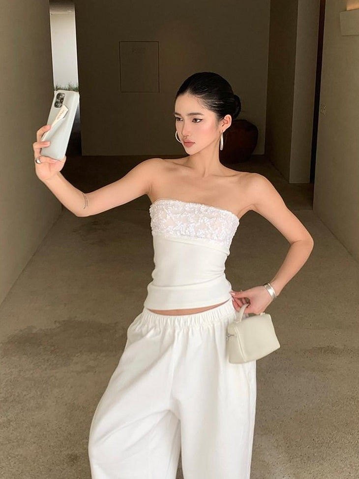 rovente Sparkling Sequin Versatile Slim Fit White Polyester For Women Tube Tops