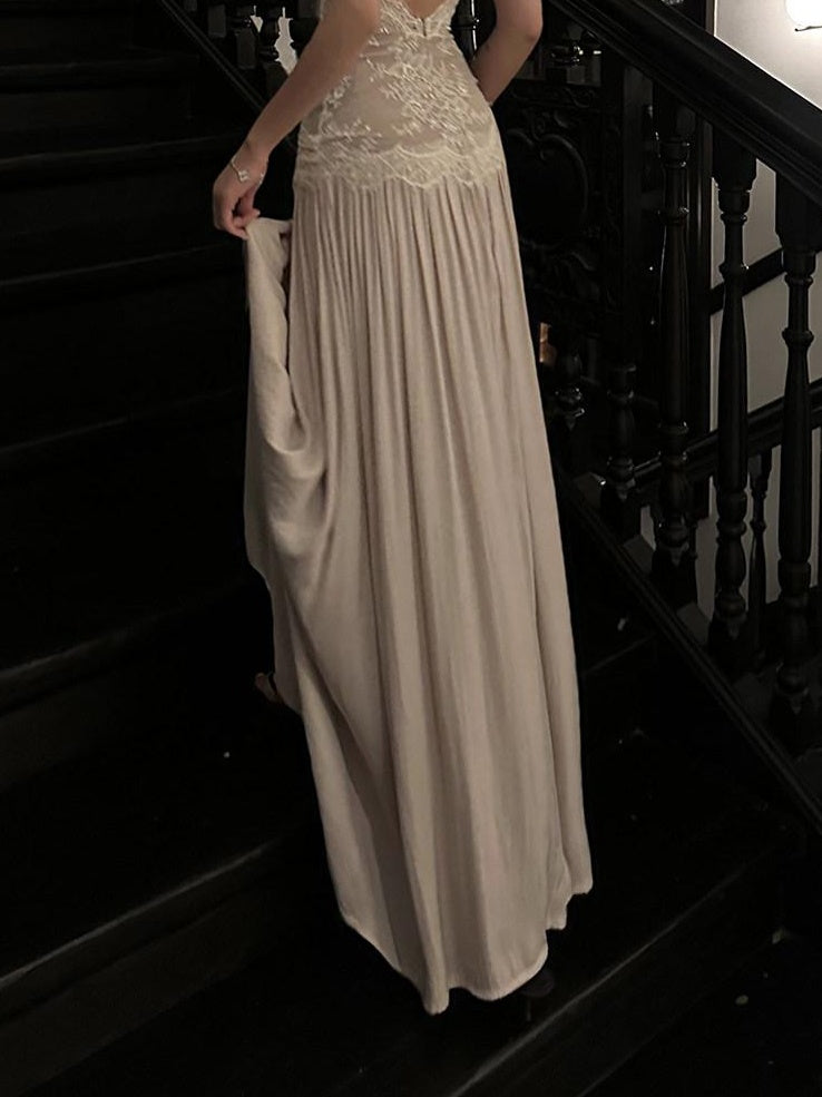 rovente test Elegant Lace High Waist Nylon A Line Date Night Beige Maxi Dresses
