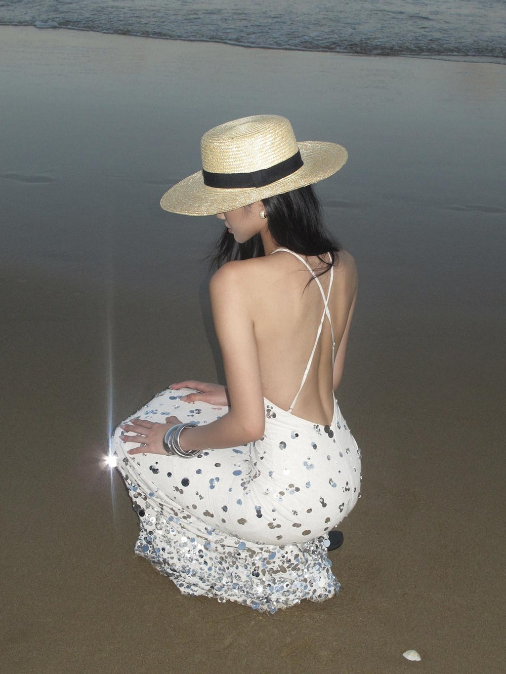rovente Shimmer Spaghetti Strap Mermaid Dress Elegant Travel Linen Blend Maxi Desses
