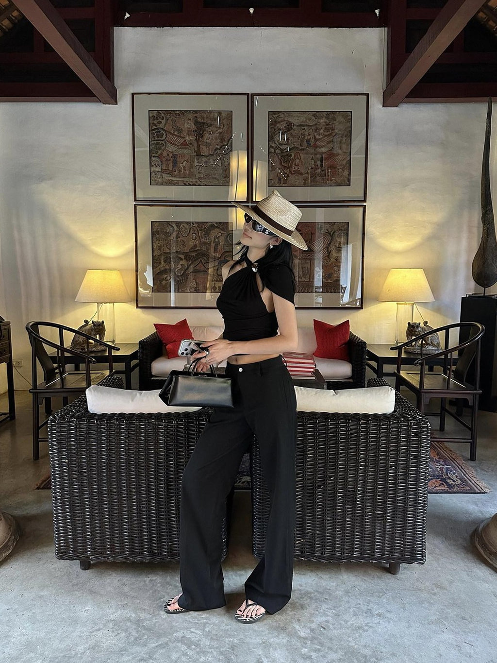 rovente Low Waist Zip Pockets Minimalist Casual Women Straight Black Staight Pants