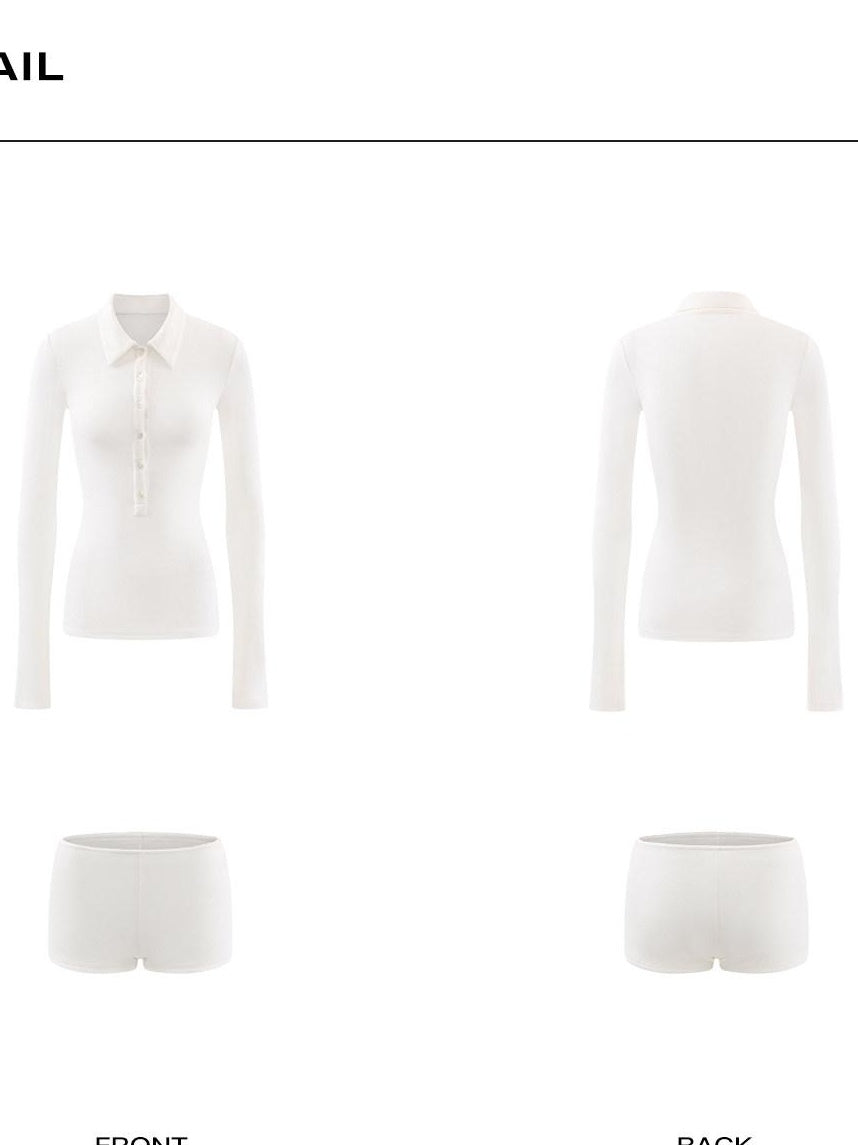 rovente Soft Knit V-neck Button Slim Casual Women White Long Sleeve Top & Shots Sets