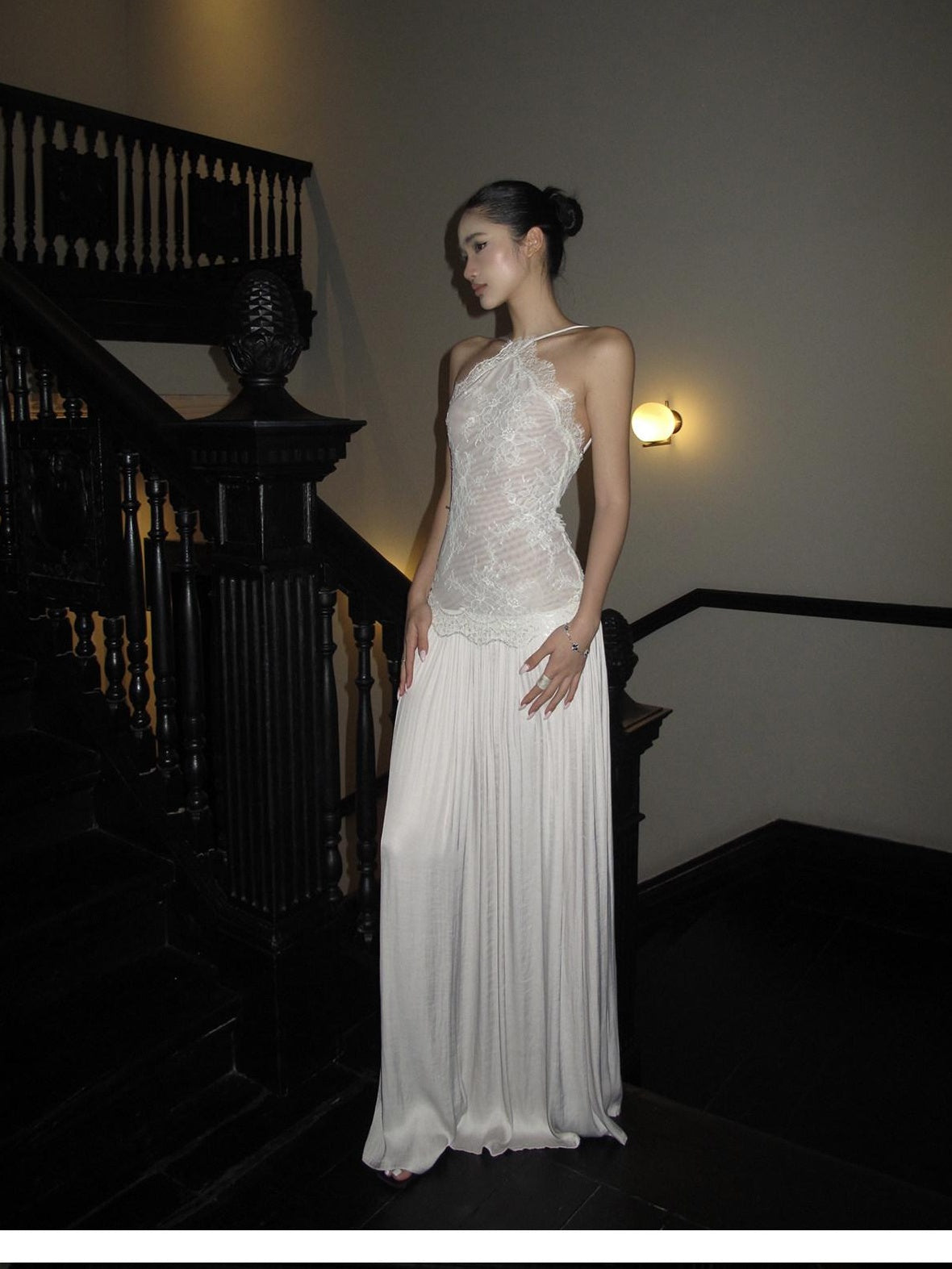 rovente test Elegant Lace High Waist Nylon A Line Date Night Beige Maxi Dresses