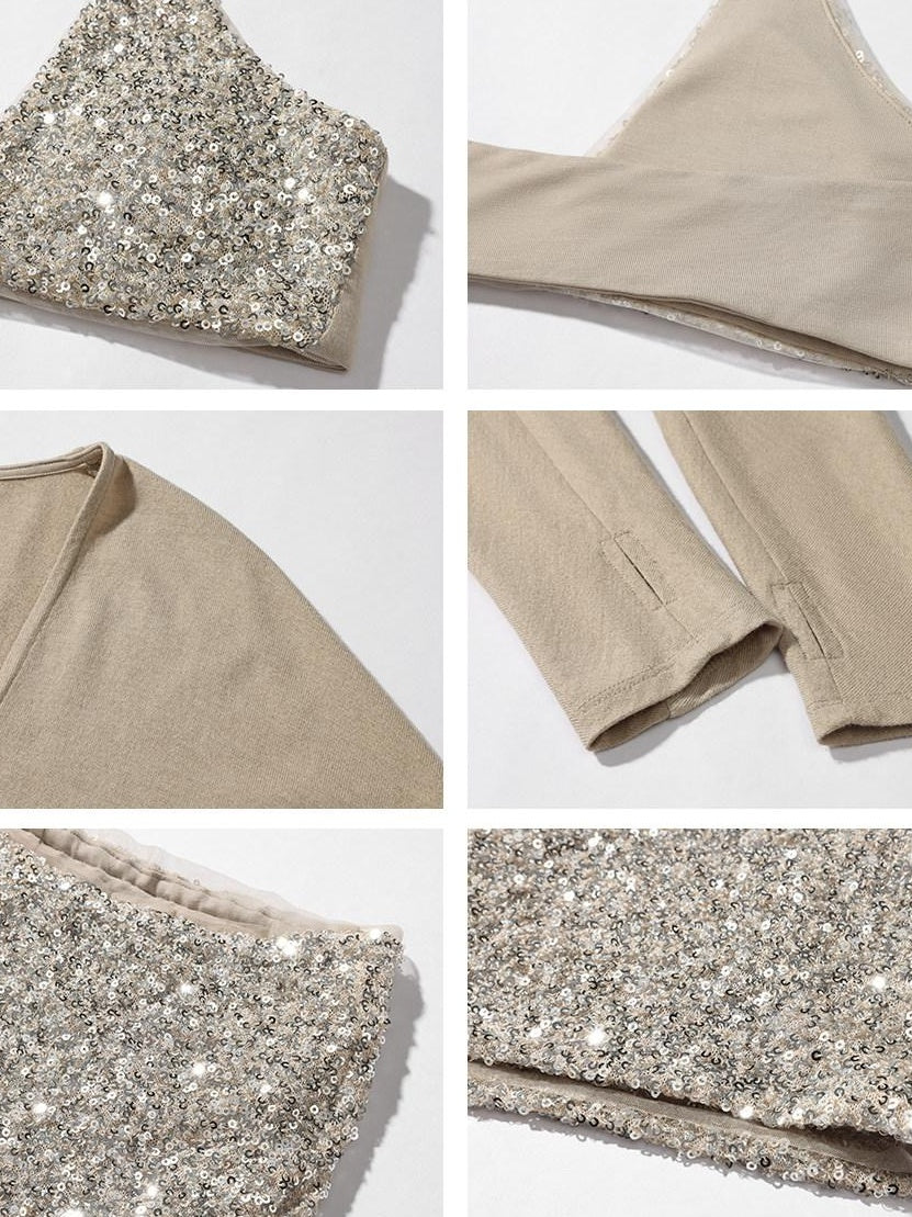 rovente Sequin V-neck Slim Knit Casual Wool Blend Beige Long Sleeve T-Shits