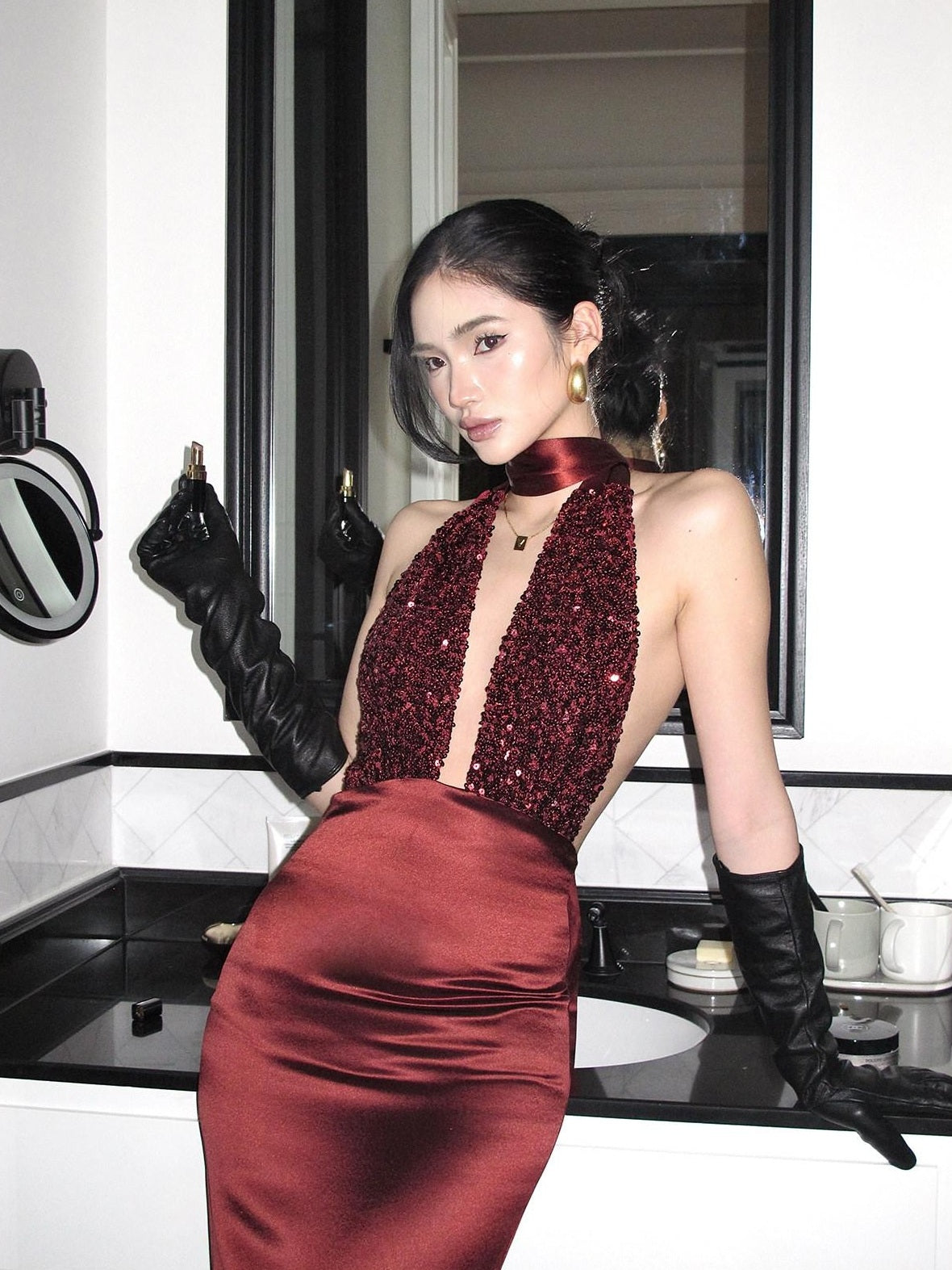rovente Shimmer Sequin Halter Bodycon Sleeveless Women Evening Red Maxi Desses