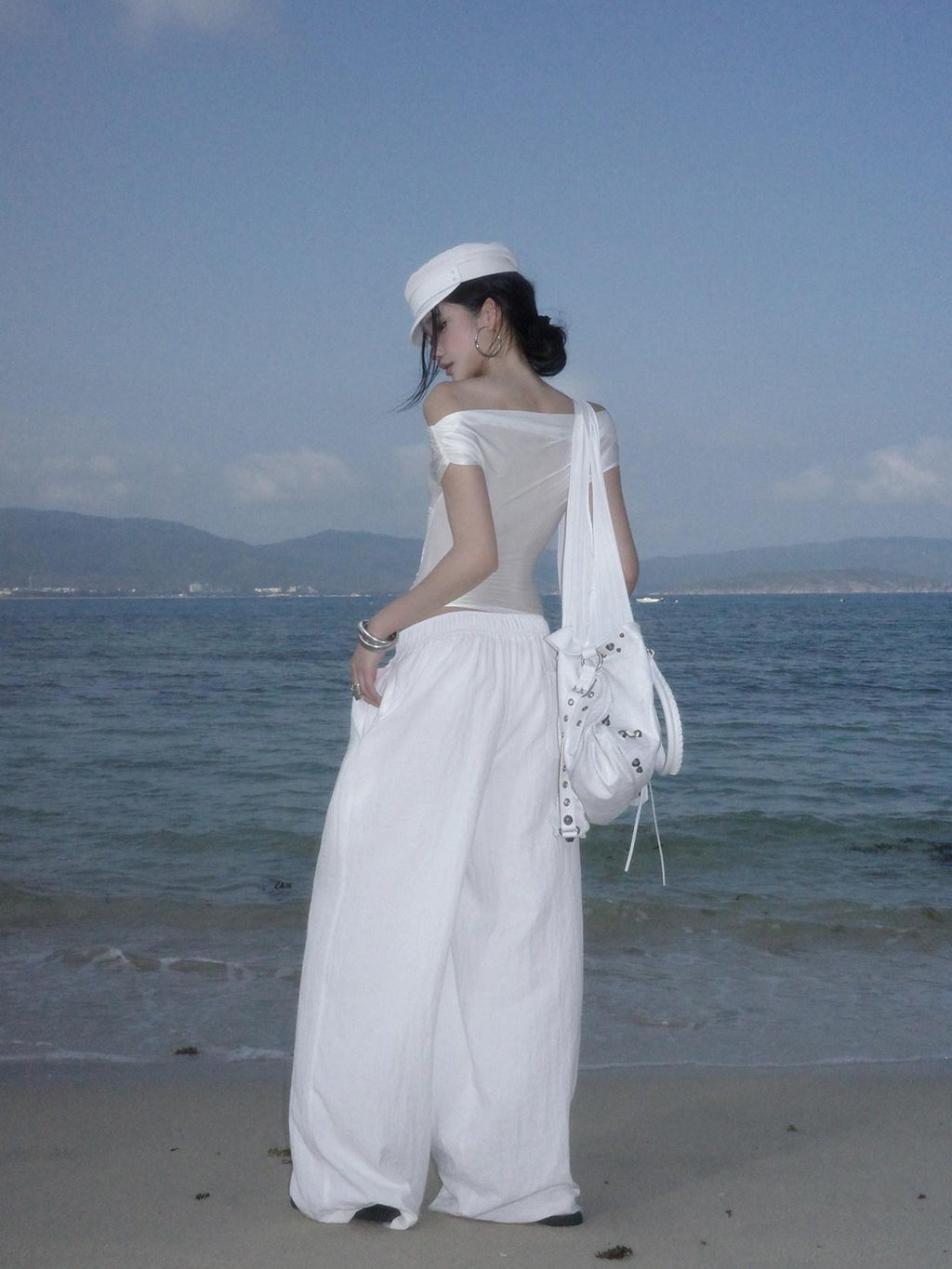 rovente Breathable Cotton Linen Blend Natural Waist Office Loose White Wide Leg Pants