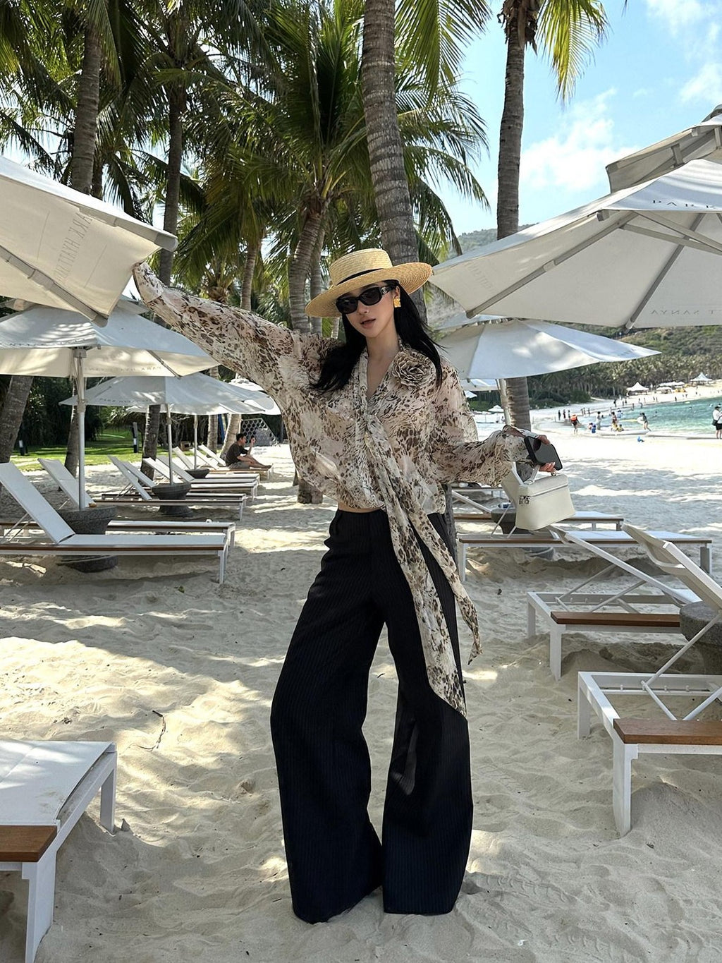 rovente Cooling Lightweight Loose Tie Neck Long Sleeve Leopard Print Women Office Shits