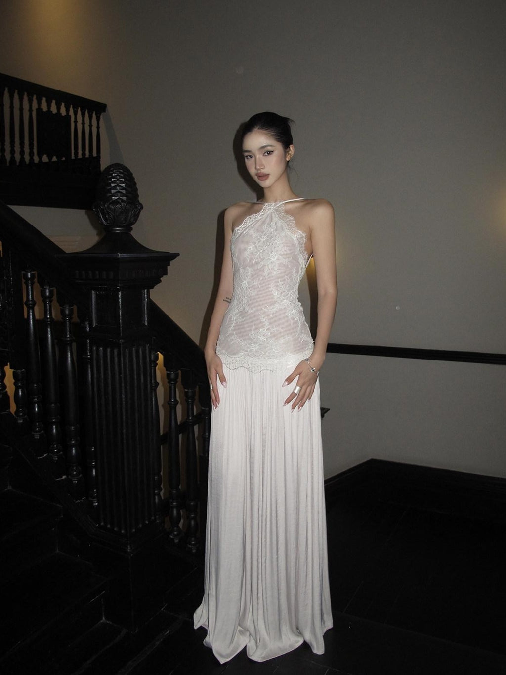 rovente Elegant High Waist Lace A Line Cami Knit Dress Date Women Apricot Maxi Desses
