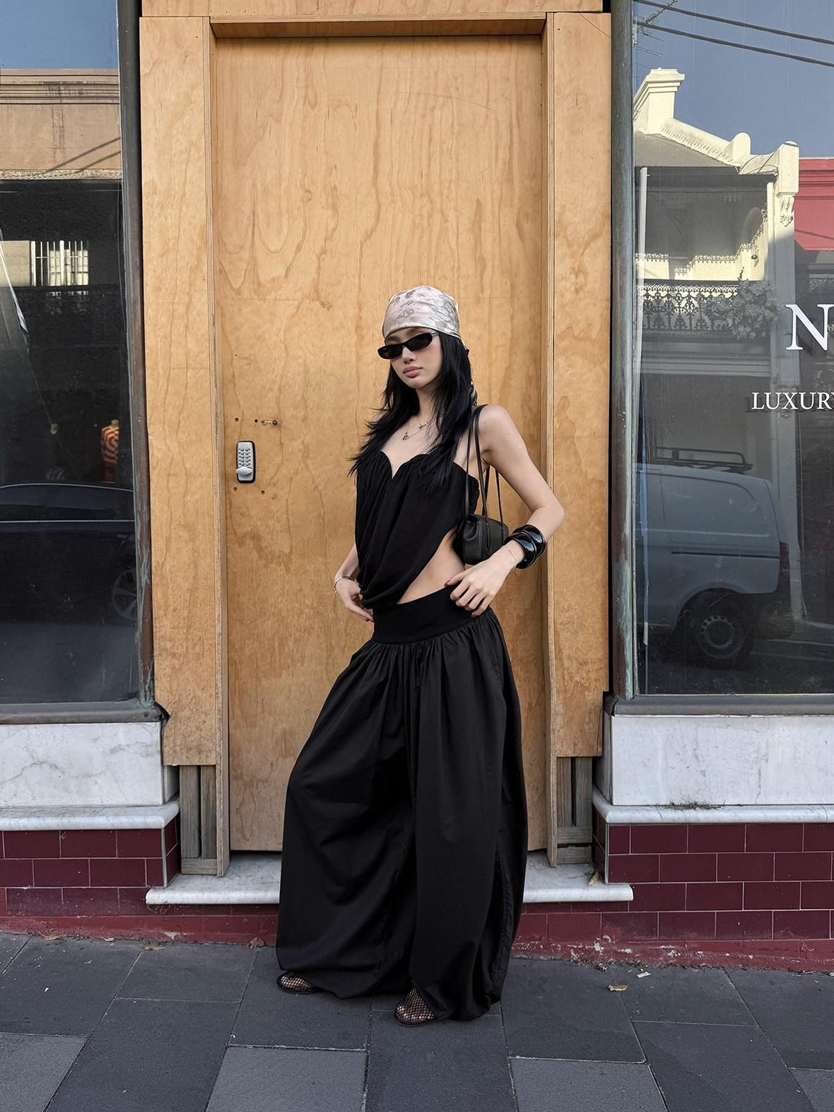 rovente Lyocell Blend Casual Minimal Elastic Waist Pockets Women Black Wide Leg Pants