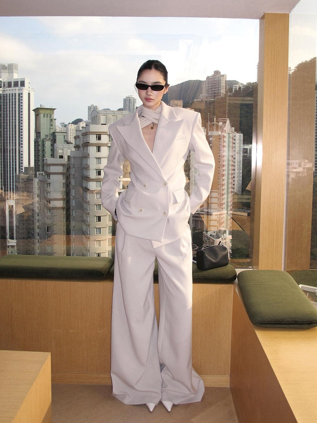rovente Relaxed Pocket Double Breasted Notch Lapel Women Office White Top & Pants Sets