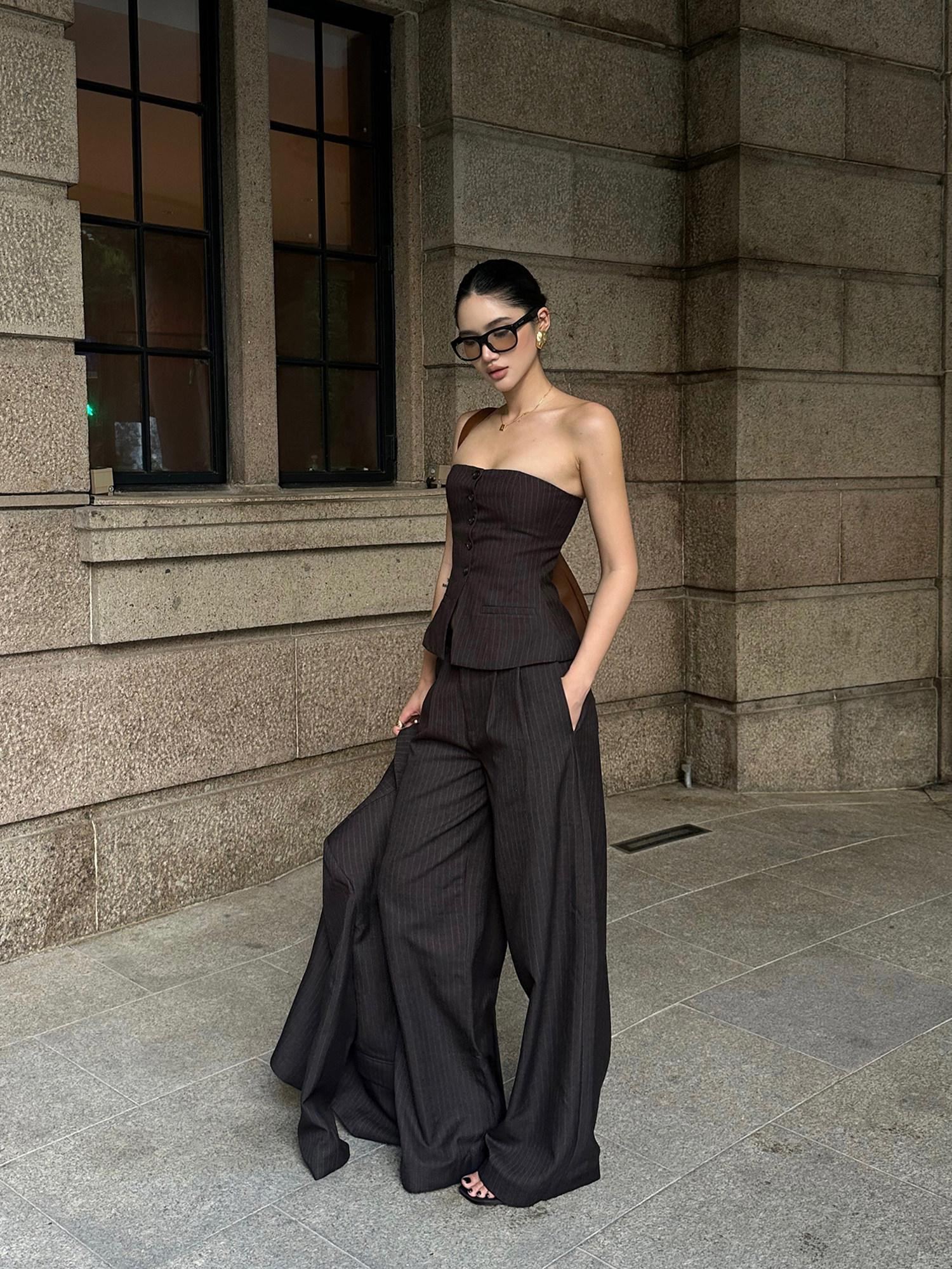 rovente Elastic Waist Minimalist Stripe Workwear Women Pocket Brown Wide Leg Pants