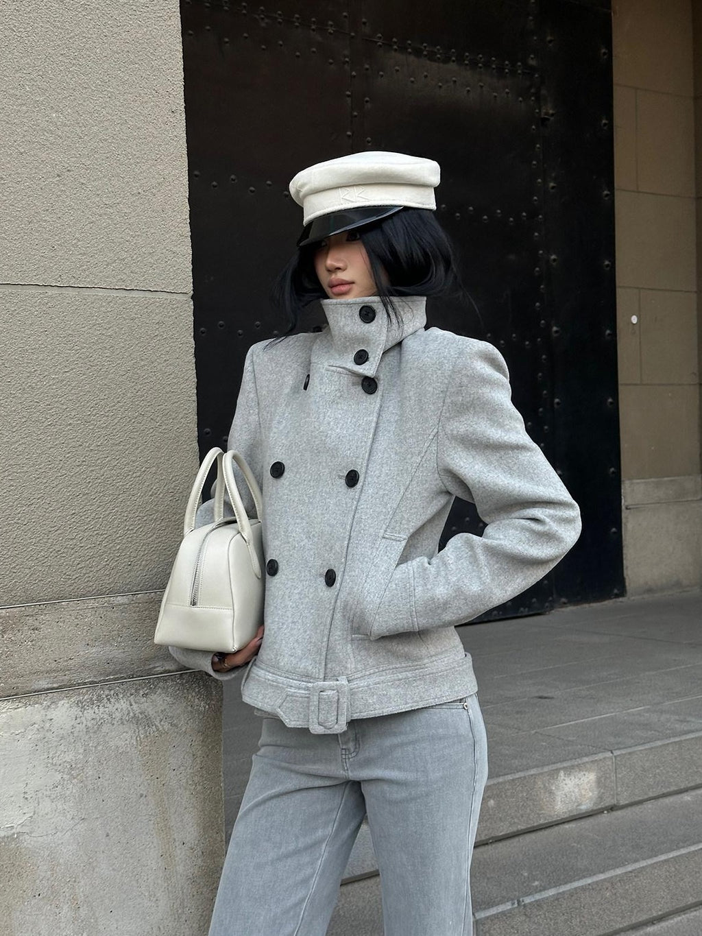 rovente Wool Blend Warm Minimal Loose Commuter Double Breasted Stand Collar Shot Coat