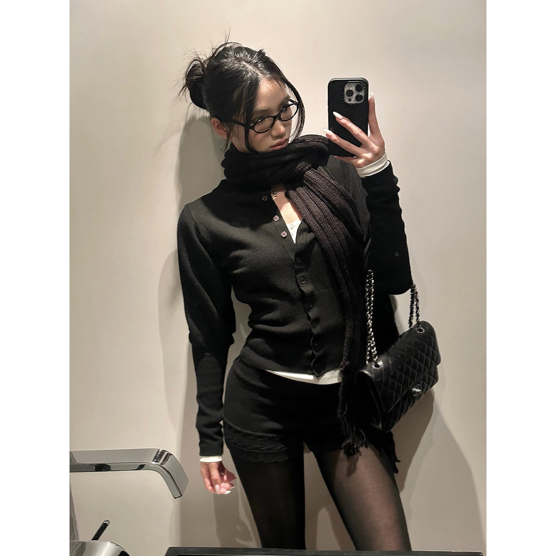 rovente_Warm_Slim_Lace_Waist_Silk_Blend_Black_Button_Cardigan_Top_&_Shots_Sets_MISSTT
