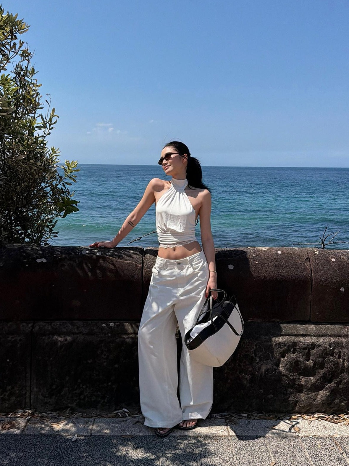 rovente High Stretch Lace Slim Fit Stand Collar Casual Women Acetate Halte Cop Tops