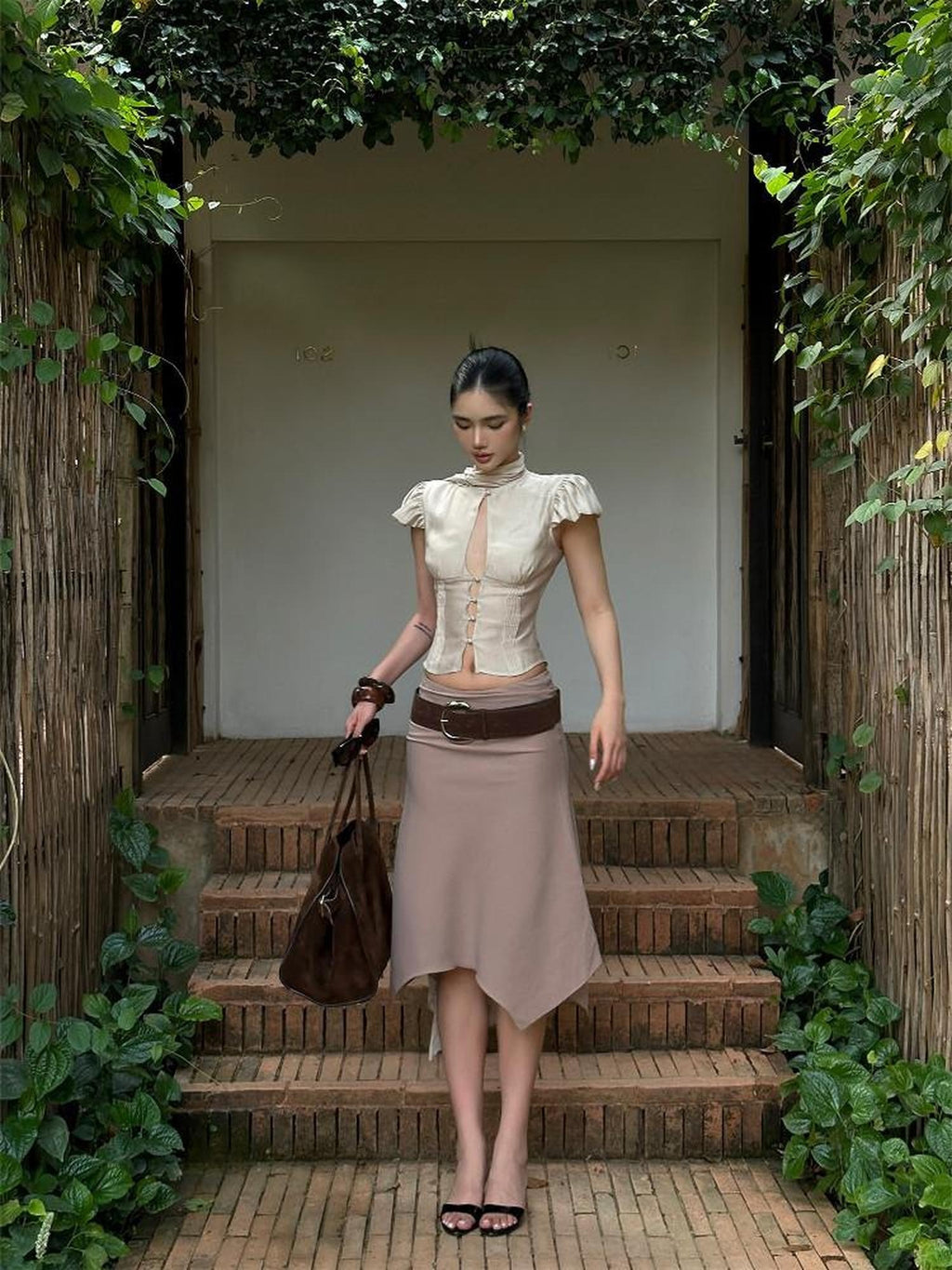 rovente Lined Mid Waist Slim Fit Commuter Office Polyester Deep Nude Midi Skits