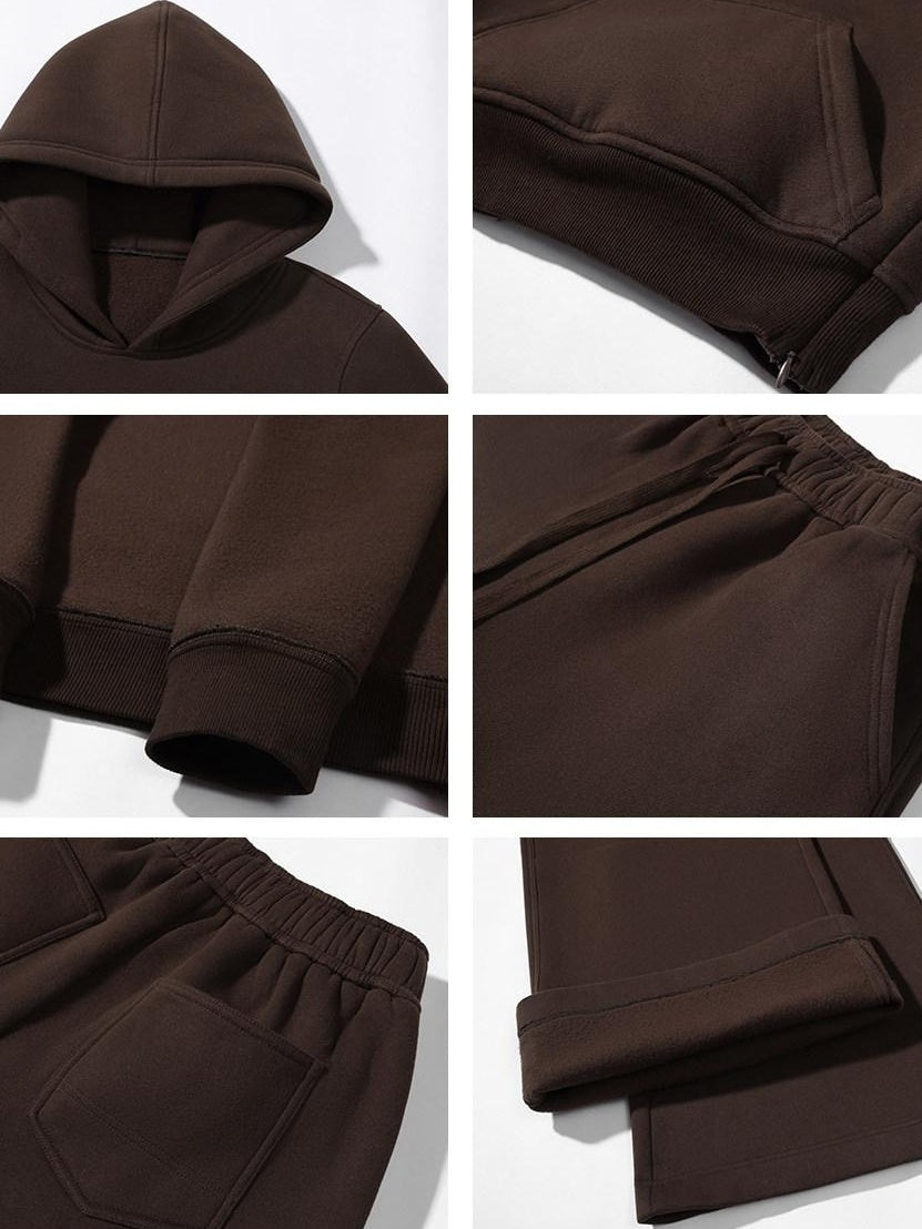 rovente Warm Cotton Blend Loose Fit Hooded Two Piece Casual Women Coffee Hoodie