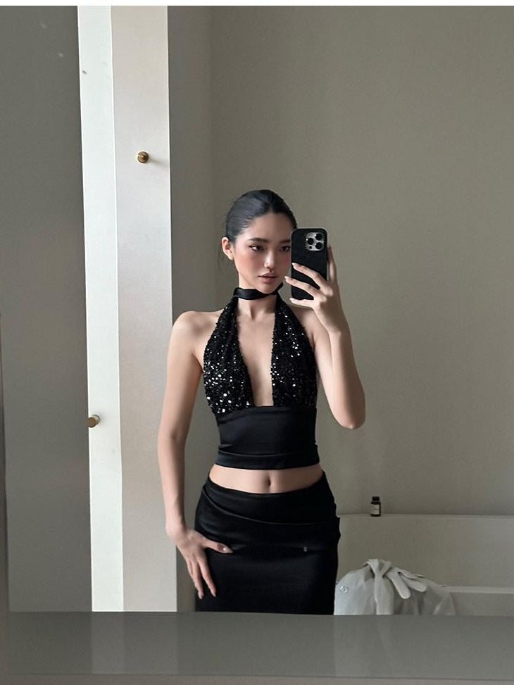 rovente Silky Stretch Slim Fit Cropped Cami Casual Black Tank Halte Cop Tops