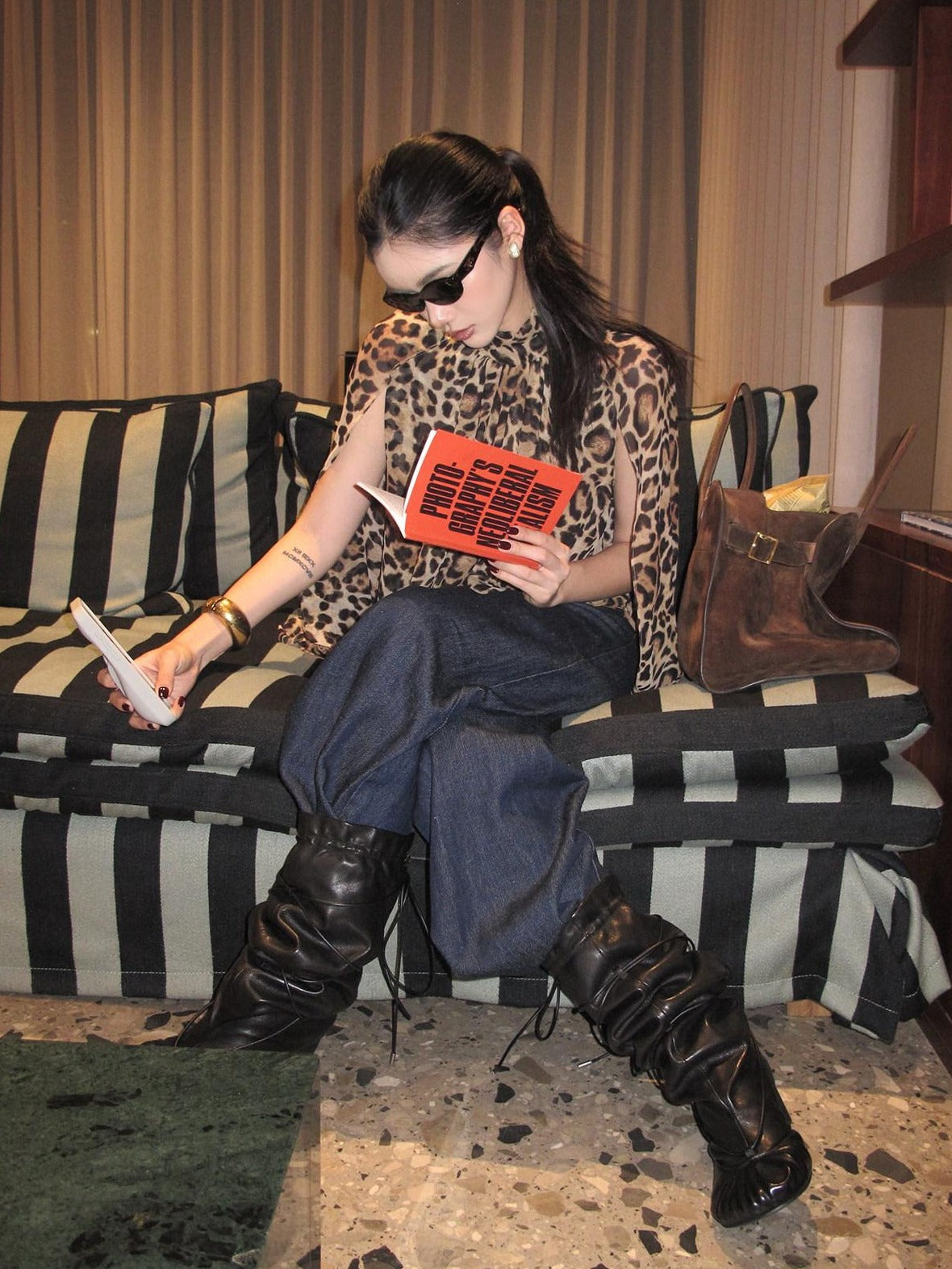 rovente 100 Percent Polyester Leopard High Neck Side Slit Button Shot Sleeve T-Shits