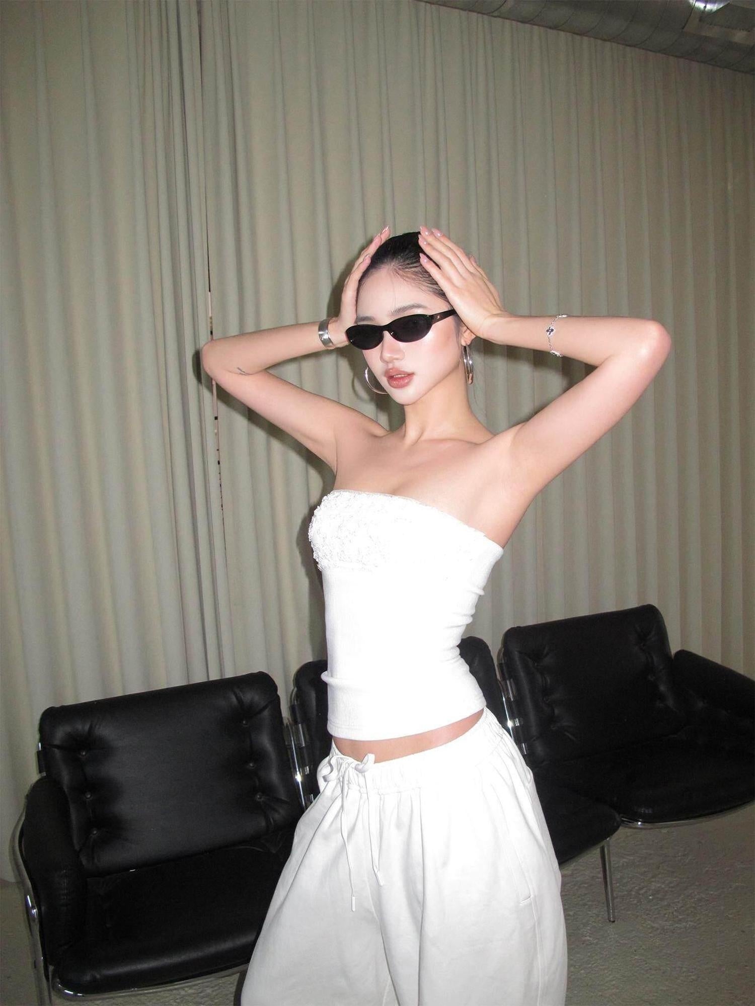 rovente Sparkling Sequin Versatile Slim Fit White Polyester For Women Tube Tops