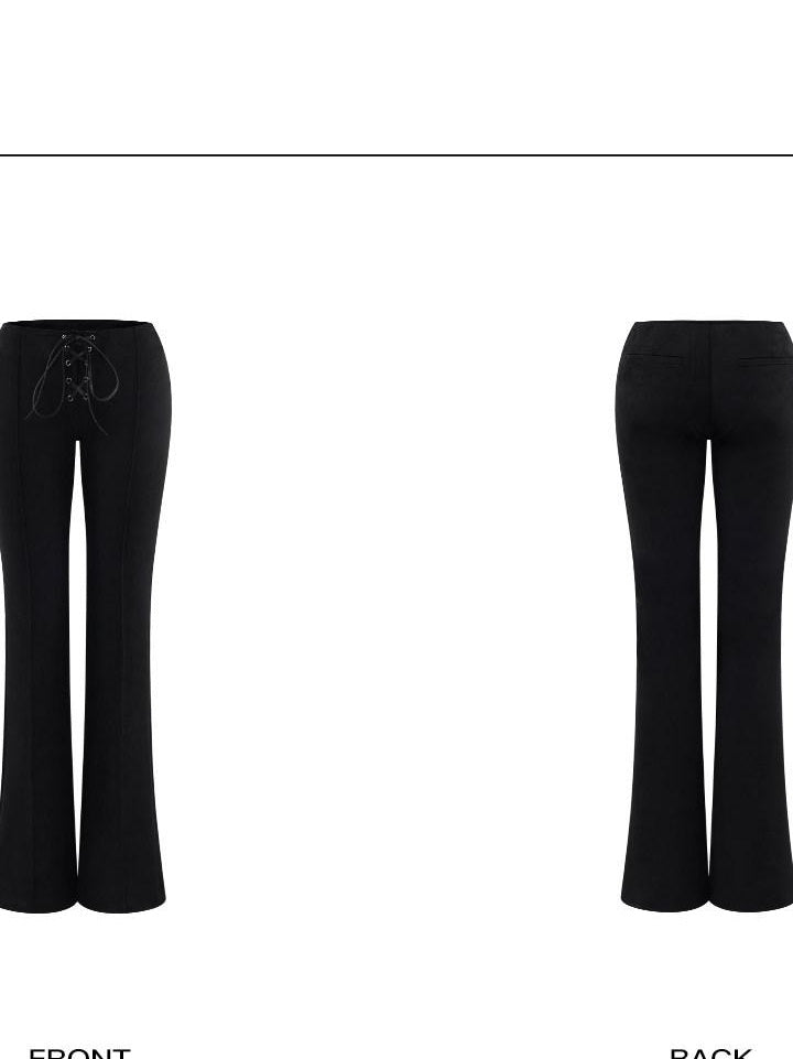 rovente Minimal Slim Low Tie Waist Solid Black 3D Detail Micro Stretch Staight Pants
