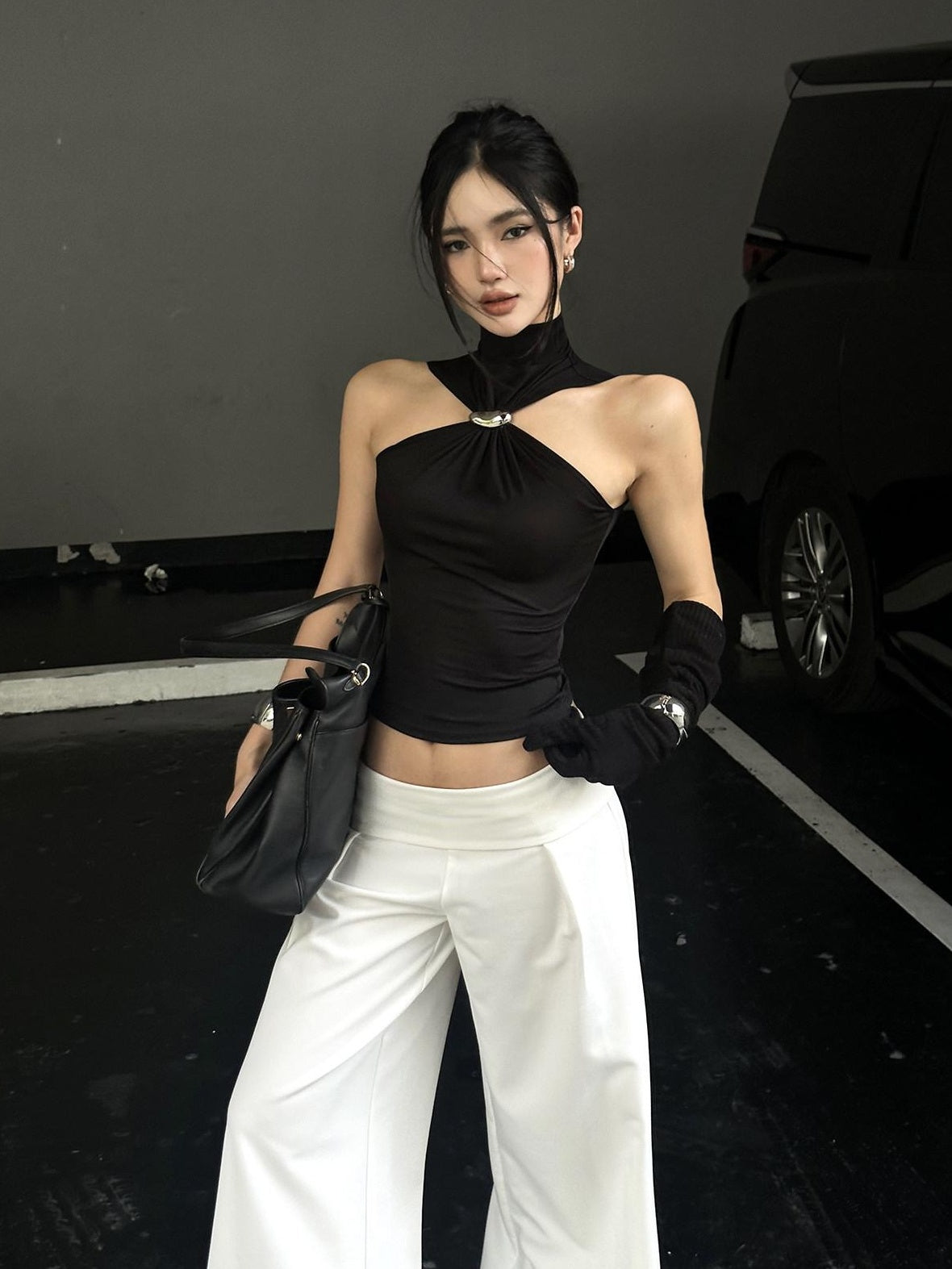 rovente Soft Lyocell Original Slim Halter Crop Women Black Solid Tank Camisoles
