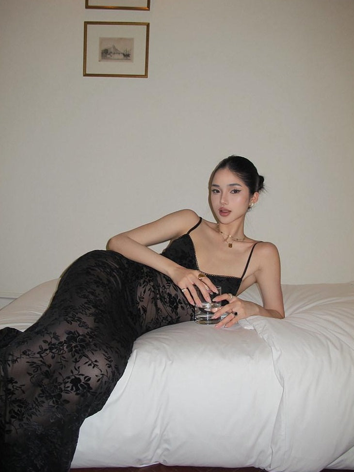 rovente Elegant High Waist V-neck Sleeveless Bodycon Travel Black Stretch Maxi Desses