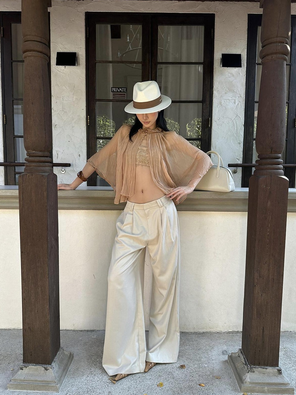rovente Soft Stretch Beige Casual Simple Pockets Low Waist Woven Women Wide Leg Pants