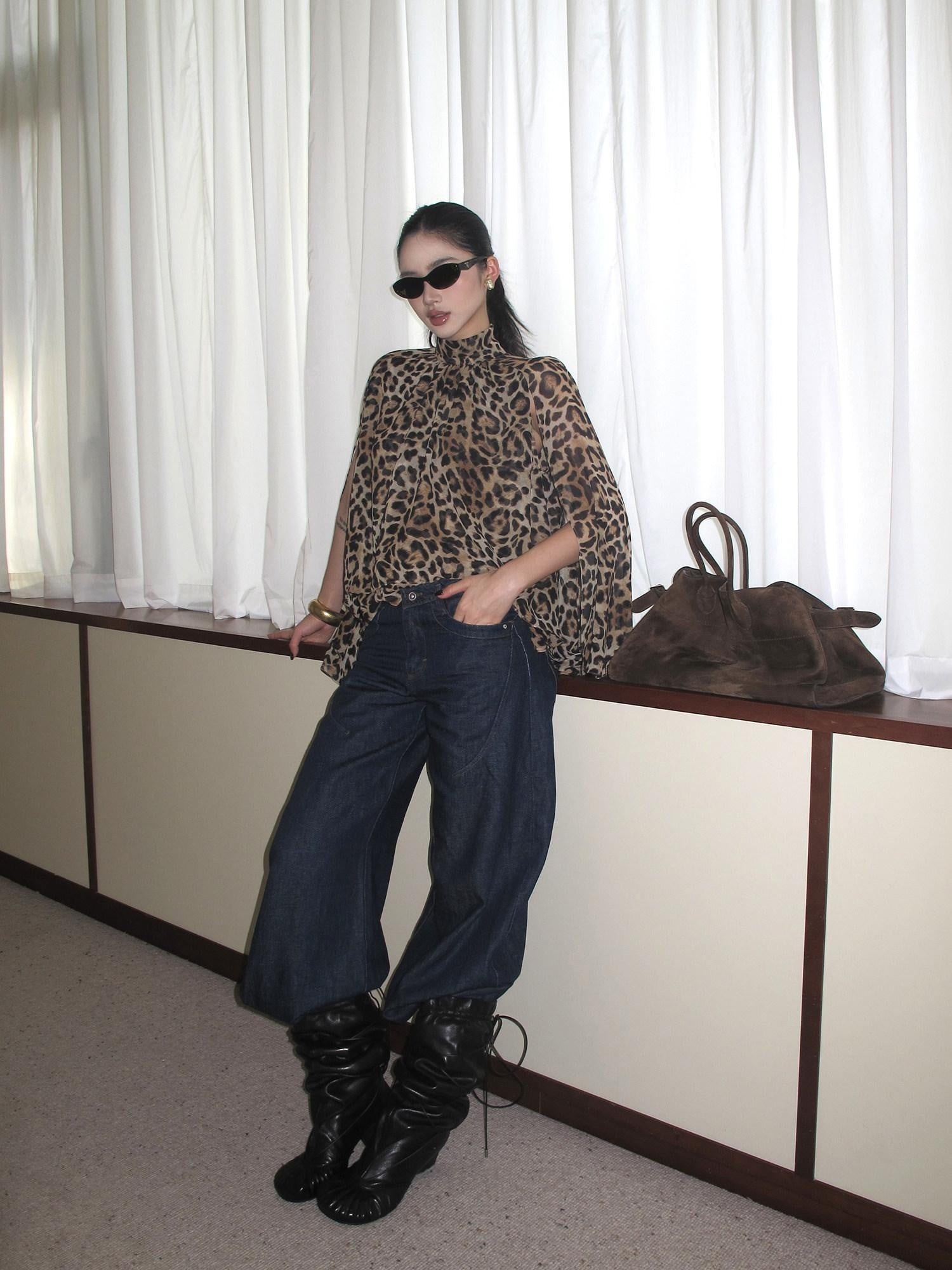 rovente 100 Percent Polyester Leopard High Neck Side Slit Button Shot Sleeve T-Shits